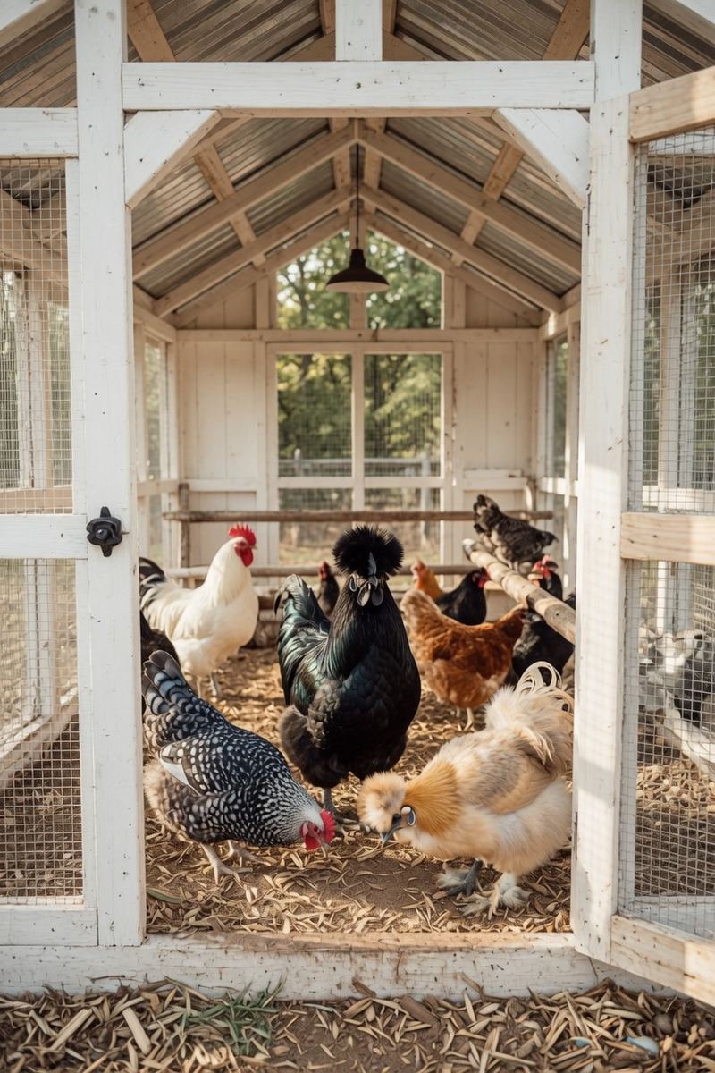 Illustration of a mixed flock of hens including a silkie inside a coop